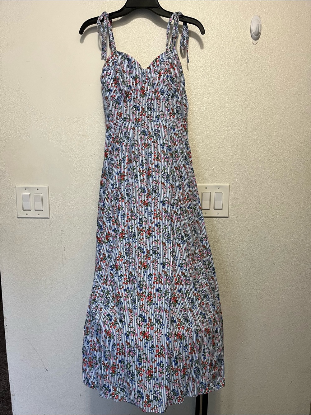 LC Lauren Conrad Blue Striped Midi Dress with Floral Print and Tie Straps